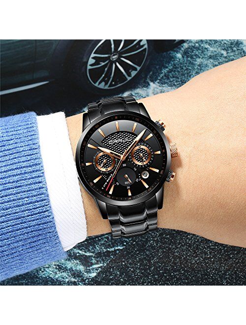 CRRJU Brand Men's Business Casual Chronograph Quartz Waterproof Wristwatch Black Stainless Steel Strap