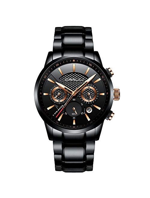 CRRJU Brand Men's Business Casual Chronograph Quartz Waterproof Wristwatch Black Stainless Steel Strap