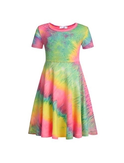 Girls Dress Short Sleeve A Line Swing Skater Twirl Summer Dress