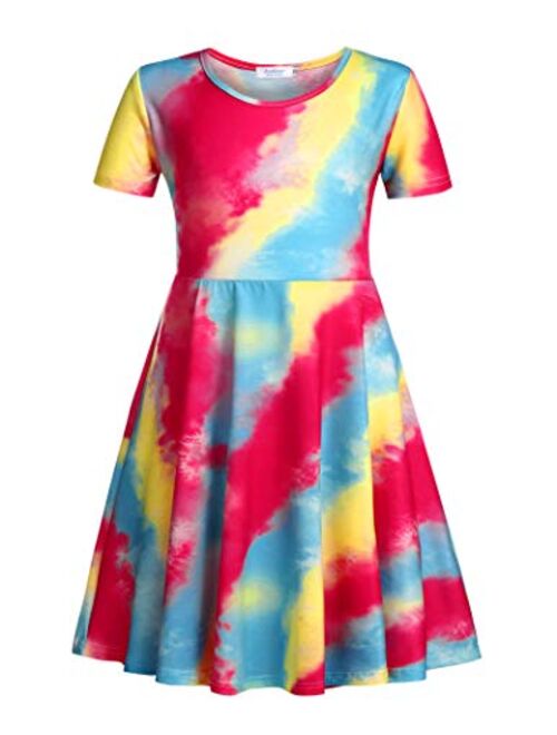 Arshiner Girls Dress Short Sleeve A Line Swing Skater Twirl Summer Dress