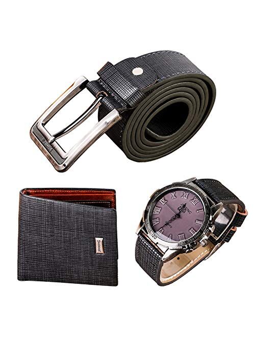 Souarts Birthday Gifts for Men-Watch Set for Men Artificial Leather Watch, Rachet Belt, Wallet and Mens Gifts Set Gifts Box Organizer