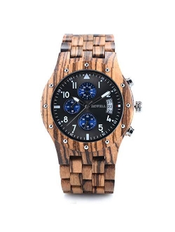 Bewell W109D Sub-dials Wooden Watch Quartz Analog Movement Date Wristwatch for Men