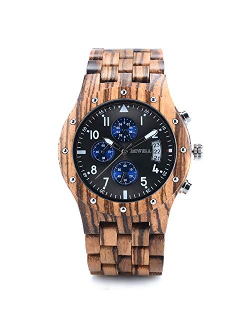 Bewell W109D Sub-dials Wooden Watch Quartz Analog Movement Date Wristwatch for Men