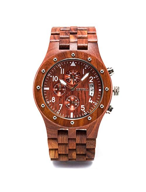 Bewell W109D Sub-dials Wooden Watch Quartz Analog Movement Date Wristwatch for Men