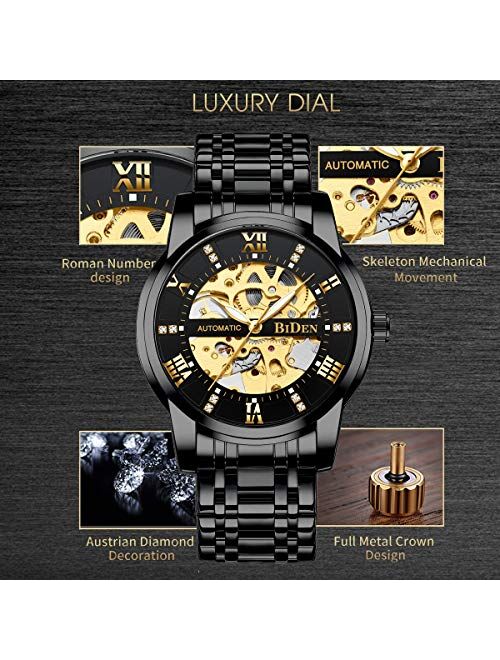 Mens Watches Mechanical Automatic Self-Winding Stainless Steel Skeleton Luxury Waterproof Diamond Dial Wrist Watches for Men