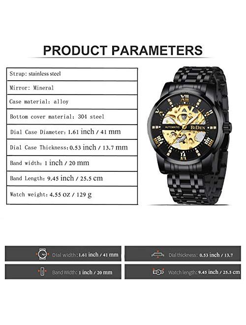 Mens Watches Mechanical Automatic Self-Winding Stainless Steel Skeleton Luxury Waterproof Diamond Dial Wrist Watches for Men