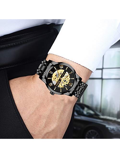 Mens Watches Mechanical Automatic Self-Winding Stainless Steel Skeleton Luxury Waterproof Diamond Dial Wrist Watches for Men