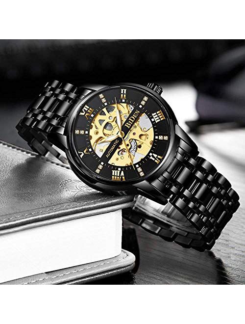 Mens Watches Mechanical Automatic Self-Winding Stainless Steel Skeleton Luxury Waterproof Diamond Dial Wrist Watches for Men