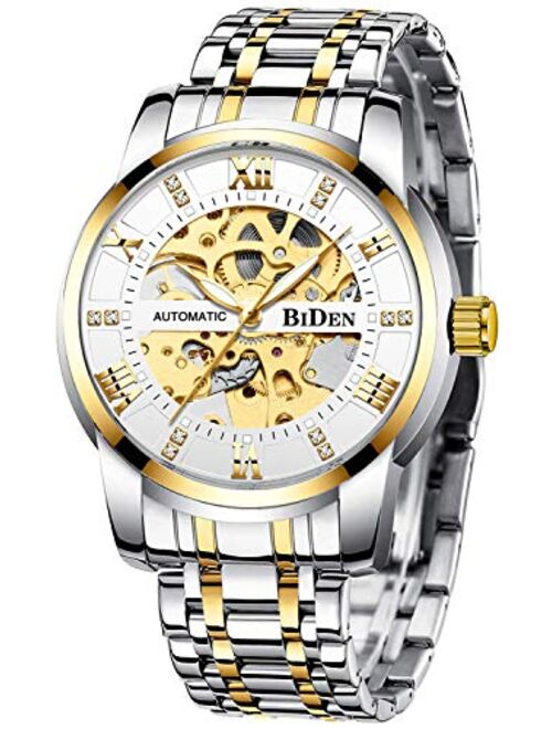 Mens Watches Mechanical Automatic Self-Winding Stainless Steel Skeleton Luxury Waterproof Diamond Dial Wrist Watches for Men