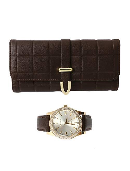 Women's Classy Leather Band Matching Watch & Tri-Fold Leather Wallet Set