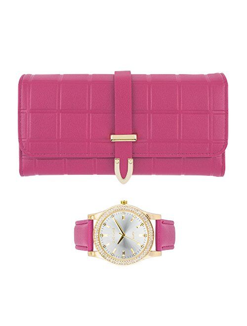 Women's Classy Leather Band Matching Watch & Tri-Fold Leather Wallet Set