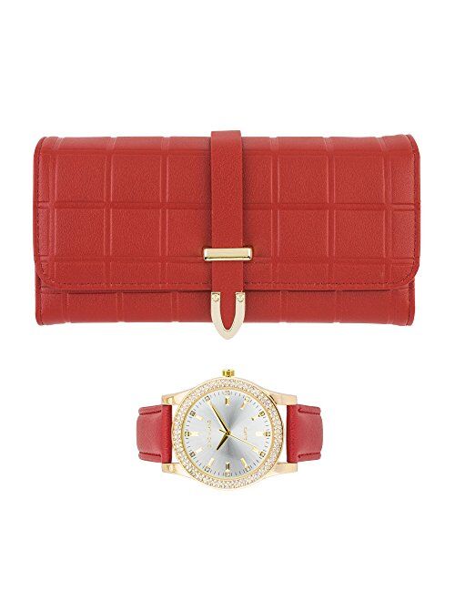 Women's Classy Leather Band Matching Watch & Tri-Fold Leather Wallet Set