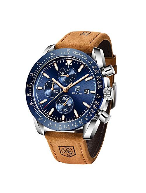 BENYAR - Stylish Wrist Watch for Men, Genuine Leather Strap Watches, Perfect Quartz Movement, Waterproof and Scratch Resistant, Analog Chronograph Business Watches