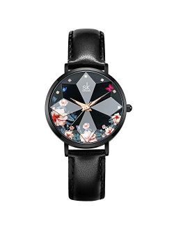 SHENGKE Creative Ultra Thin Minimalist Starry Sky Flower Dial Women Watch with Stainless Steel Mesh Band Genuine Leather Elegant Women Watches