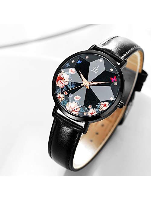 SHENGKE Creative Ultra Thin Minimalist Starry Sky Flower Dial Women Watch with Stainless Steel Mesh Band Genuine Leather Elegant Women Watches