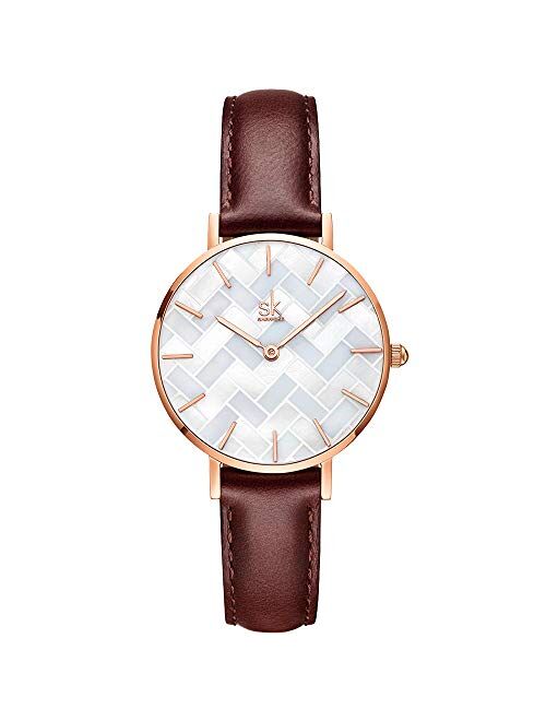 SHENGKE Creative Ultra Thin Minimalist Starry Sky Flower Dial Women Watch with Stainless Steel Mesh Band Genuine Leather Elegant Women Watches