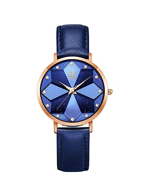 SHENGKE Creative Ultra Thin Minimalist Starry Sky Flower Dial Women Watch with Stainless Steel Mesh Band Genuine Leather Elegant Women Watches