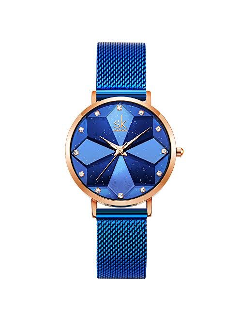 SHENGKE Creative Ultra Thin Minimalist Starry Sky Flower Dial Women Watch with Stainless Steel Mesh Band Genuine Leather Elegant Women Watches