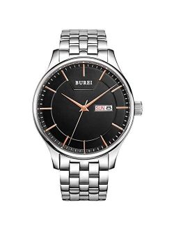 BUREI Mens Wrist Watch Cool Black Day Date Analog Quartz Display with Sliver Stainless Steel Band