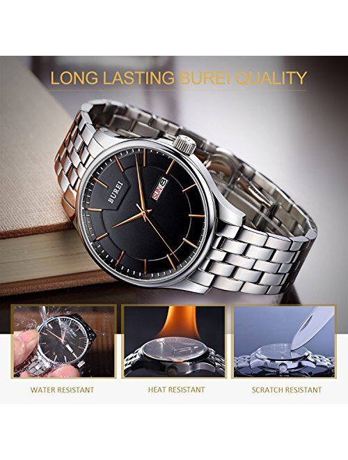 BUREI Mens Wrist Watch Cool Black Day Date Analog Quartz Display with Sliver Stainless Steel Band