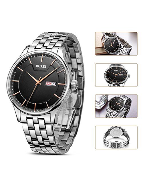 BUREI Mens Wrist Watch Cool Black Day Date Analog Quartz Display with Sliver Stainless Steel Band