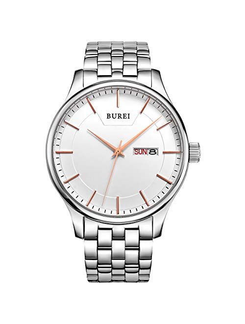 BUREI Mens Wrist Watch Cool Black Day Date Analog Quartz Display with Sliver Stainless Steel Band