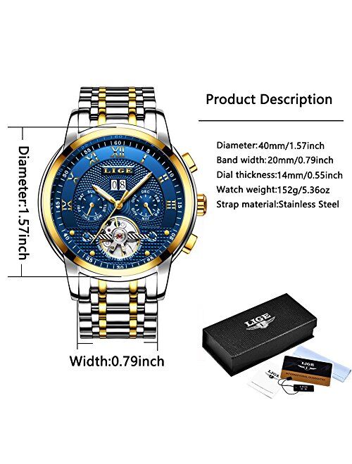 LIGE Watches Mens Luxury Automatic Mechanical Watch Men Waterproof Full Steel Business Dress Wrist Watch