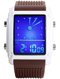 Men's Rectangle Dial Sports Wrist Watches with 7 Colors Optional LED Backlight Multifunctional Alarm Stopwatch 12/24H Rubber Strap Watch