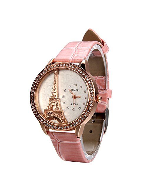 Avaner Elegant Bling Rhinestone Accented Eiffel Tower White Leather Analog Quartz Wrist Dress Watch for Girls Ladies Women