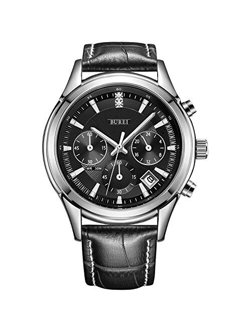 BUREI Mens Business Casual Elegant Chronograph Sports Watch with Genuine Leather Band