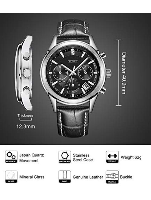 BUREI Mens Business Casual Elegant Chronograph Sports Watch with Genuine Leather Band