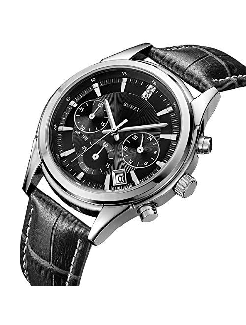 BUREI Mens Business Casual Elegant Chronograph Sports Watch with Genuine Leather Band