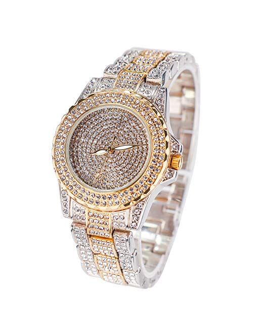 Smalody Round Luxury Women Watch Crystal Rhinestone Diamond Watches Stainless Steel Wristwatch Iced Out Watch with Japan Quartz Movement for Women | Simulated Lab Diamond