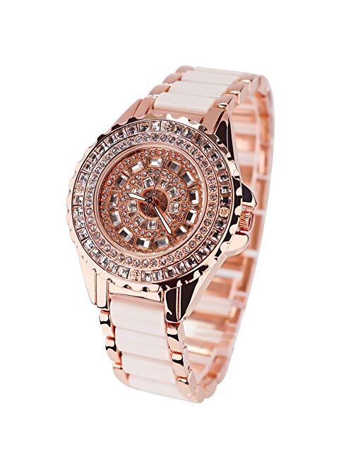 Smalody Round Luxury Women Watch Crystal Rhinestone Diamond Watches Stainless Steel Wristwatch Iced Out Watch with Japan Quartz Movement for Women | Simulated Lab Diamond