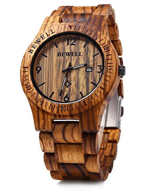 Bewell ZS-W086B Mens Wooden Watch Lightweight Date Display Analog Quartz Movement Wristwatches