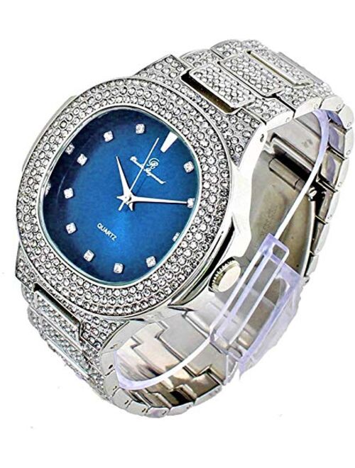 Blinged Out Oblong Case Metal Mens Watch w/Matching Blinged Out Bracelet Set - 8475BM