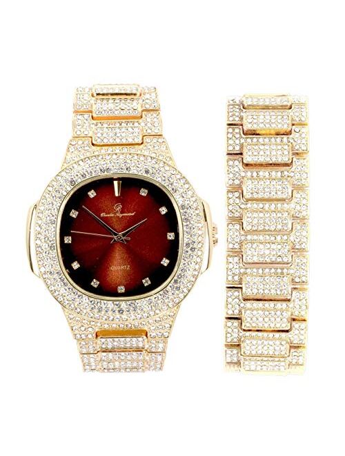 Blinged Out Oblong Case Metal Mens Watch w/Matching Blinged Out Bracelet Set - 8475BM