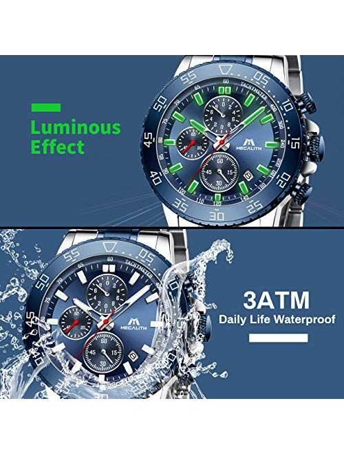 MEGALITH Mens Chronograph Watches Stainless Steel Man Waterproof Watch Luminous Gent Wristwatches for Men Fashion Business Classic Analog Quartz Date Watches