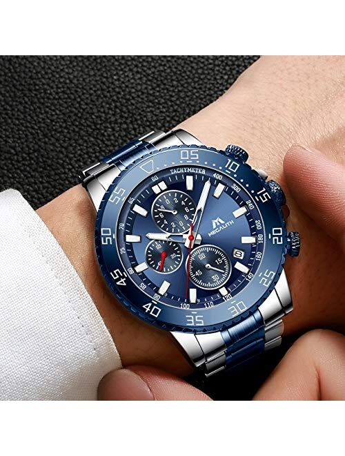 MEGALITH Mens Chronograph Watches Stainless Steel Man Waterproof Watch Luminous Gent Wristwatches for Men Fashion Business Classic Analog Quartz Date Watches