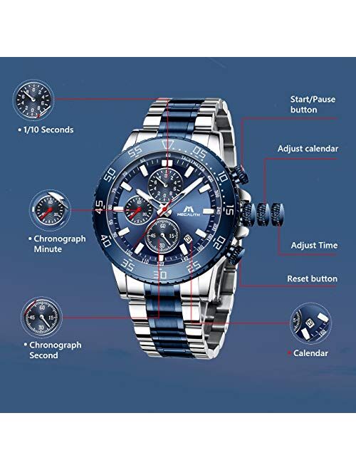 MEGALITH Mens Chronograph Watches Stainless Steel Man Waterproof Watch Luminous Gent Wristwatches for Men Fashion Business Classic Analog Quartz Date Watches