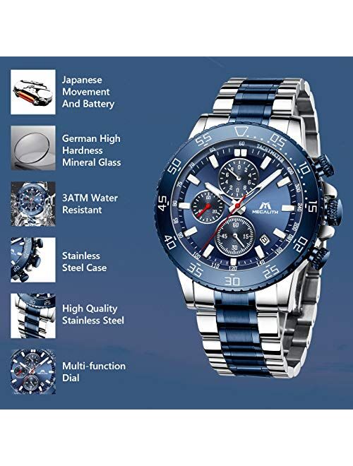 MEGALITH Mens Chronograph Watches Stainless Steel Man Waterproof Watch Luminous Gent Wristwatches for Men Fashion Business Classic Analog Quartz Date Watches