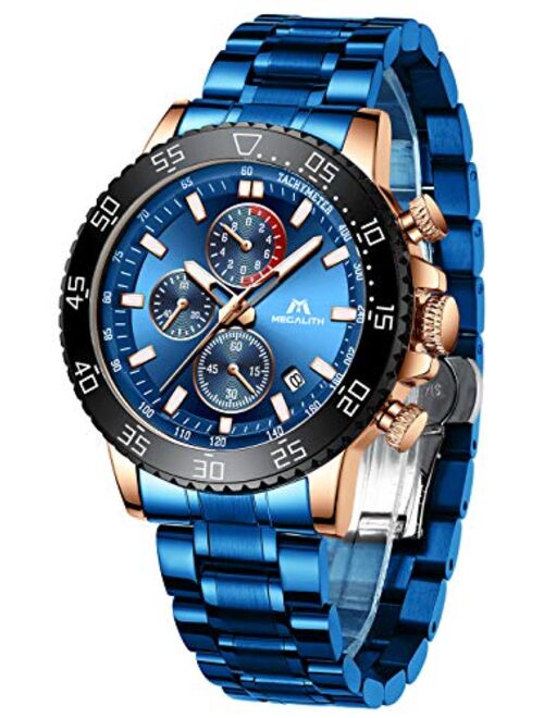 MEGALITH Mens Chronograph Watches Stainless Steel Man Waterproof Watch Luminous Gent Wristwatches for Men Fashion Business Classic Analog Quartz Date Watches