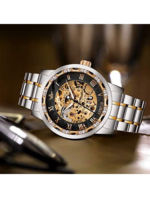 Watches, Men's Watches Mechanical Hand-Winding Skeleton Classic Business Fashion Stainless Steel Steampunk Dress Watch