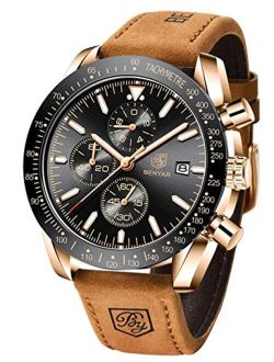 BENYAR Mens Watches Quartz Chronograph Business Luxury Brand Waterproof Wristwatches Fashion Brown Leather Watches for Men