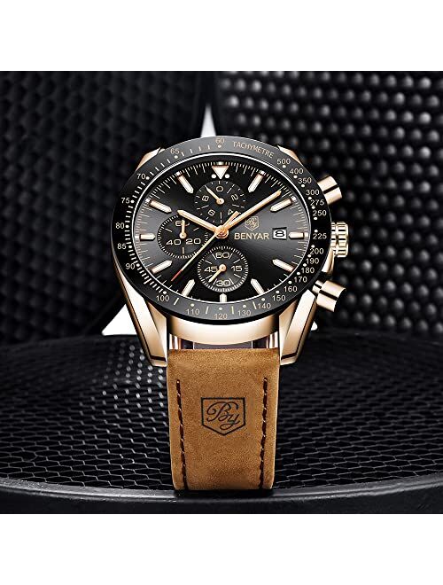 BENYAR Mens Watches Quartz Chronograph Business Luxury Brand Waterproof Wristwatches Fashion Brown Leather Watches for Men
