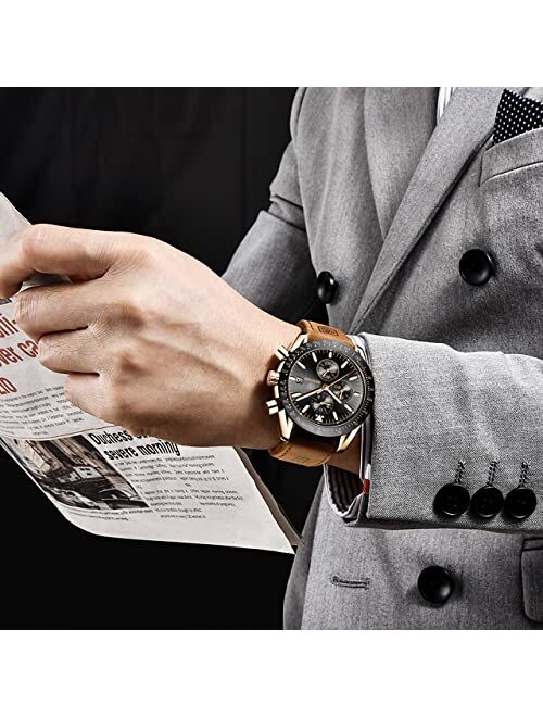 BENYAR Mens Watches Quartz Chronograph Business Luxury Brand Waterproof Wristwatches Fashion Brown Leather Watches for Men