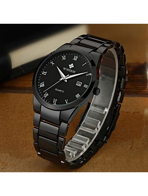 WWOOR Men's Quartz Stainless Steel and Metal Black and Gold Watches for Men Waterproof Casual Wrist Watch with Date