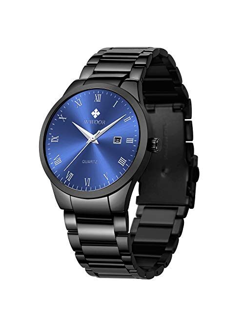 WWOOR Men's Quartz Stainless Steel and Metal Black and Gold Watches for Men Waterproof Casual Wrist Watch with Date