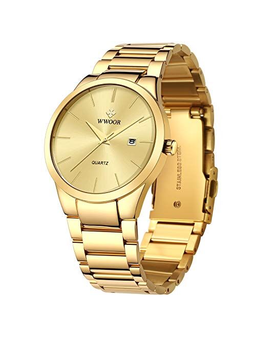 WWOOR Men's Quartz Stainless Steel and Metal Black and Gold Watches for Men Waterproof Casual Wrist Watch with Date