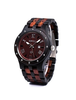 Bewell Men's Wooden Watches Handmade Date Display Analog Quartz Luminous Wristwatch